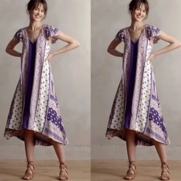 Anthropologie cap sleeve navy blue, pink and white patterned flowy dress - Picture 2 of 13